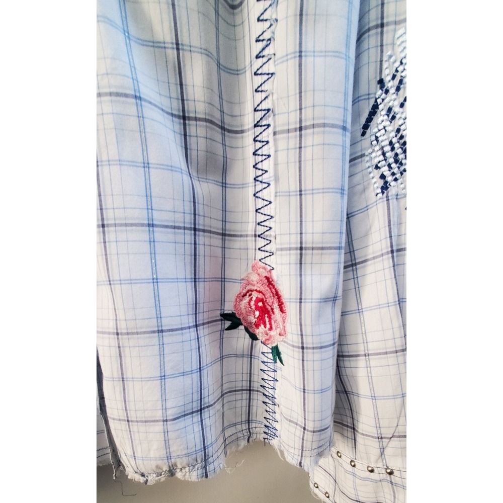 3J Workshop Johnny Was L Plaid Shirt Embroidery Rose Western Cowgirl Raw Hem L/S - Picture 11 of 16